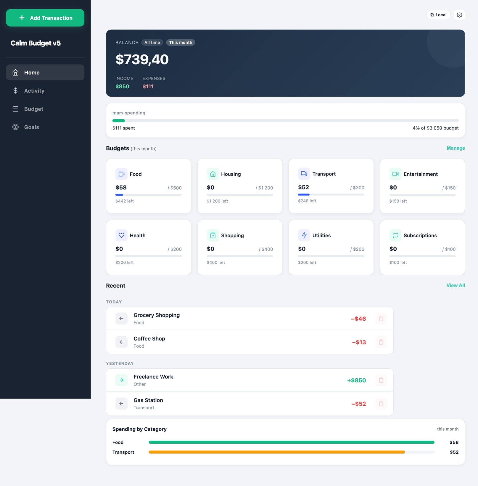 Calm Budget app screenshot showing budget overview
